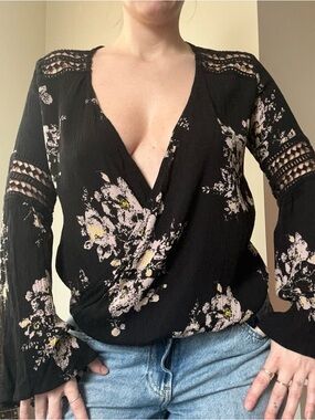 lovestitch Black Floral Crochet-Trim Wrap Blouse